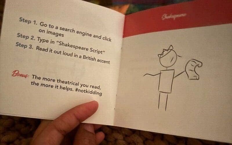 A page from the booklet titled “Shakespeare” showing simple illustrated instructions to read a script in a British accent.